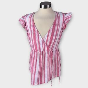 Old Navy Maternity L Wrap Sleeveless Pink White Stripe Top Linen Cotton Blend